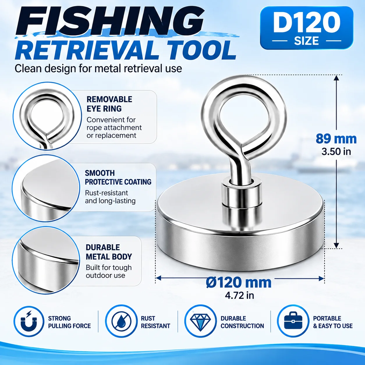 Super Strong Fishing Magnet with Eyebolt, Countersunk Hole Search Magnet Hook for River Retrieval, Metal Recovery