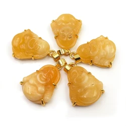 Natural Yellow Jade Buddha Pendant, Chinese Word Design, Smile Buddha Maitreya Amulet for Men Women Healing Protection Jewelry