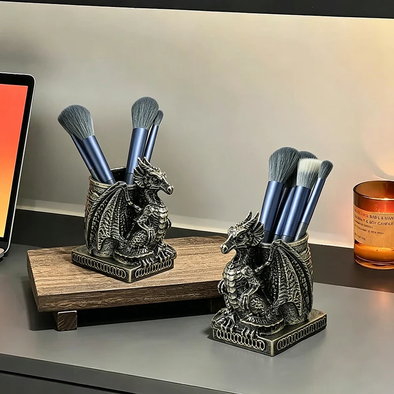Vintage Resin Dragon Pen Holder Makeup Brush Cup Retro Sculpture Desktop Organizer Ornament for Study Office Table Layout