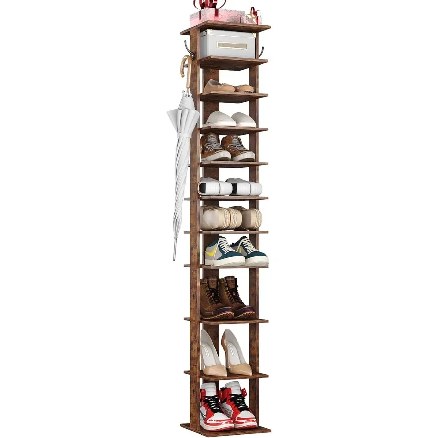 

10Tier Vertical Shoe Rack Corner Shoe Tower Slim Shoe Organizer with Two Hanging Hooks Wooden Shoe Storage Stand for Entryway H
