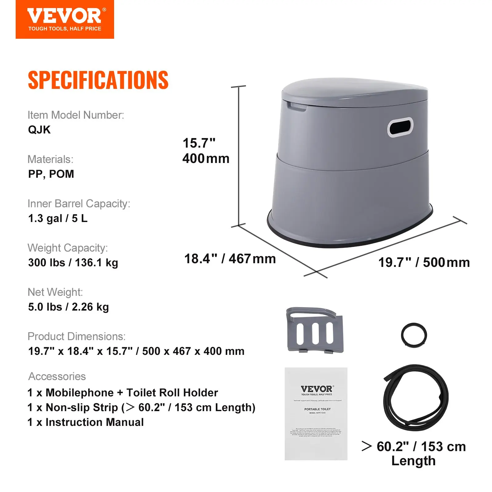 Portable Toilet For Camping, Porta Potty With 1.3 Gal Detachable Inner Bucket & Removable Paper Holder, Commode With Dual Lids