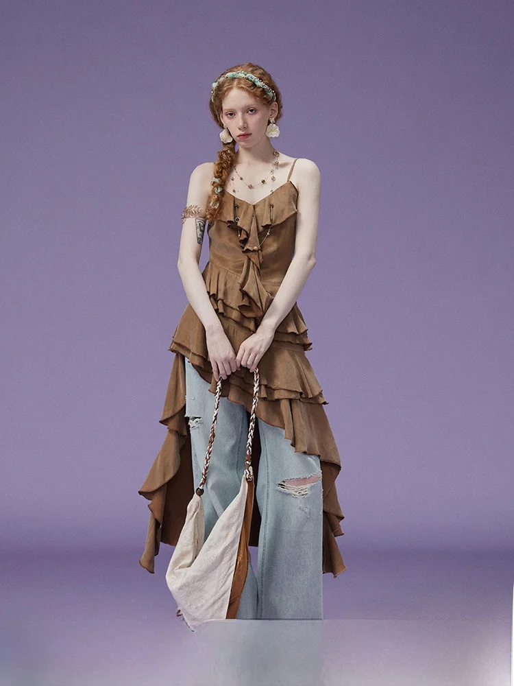 Falda Larga Asimétrica con Cinturón Marrón Té Morado para Mujer, Estilo Retro, Fibra Regenerada