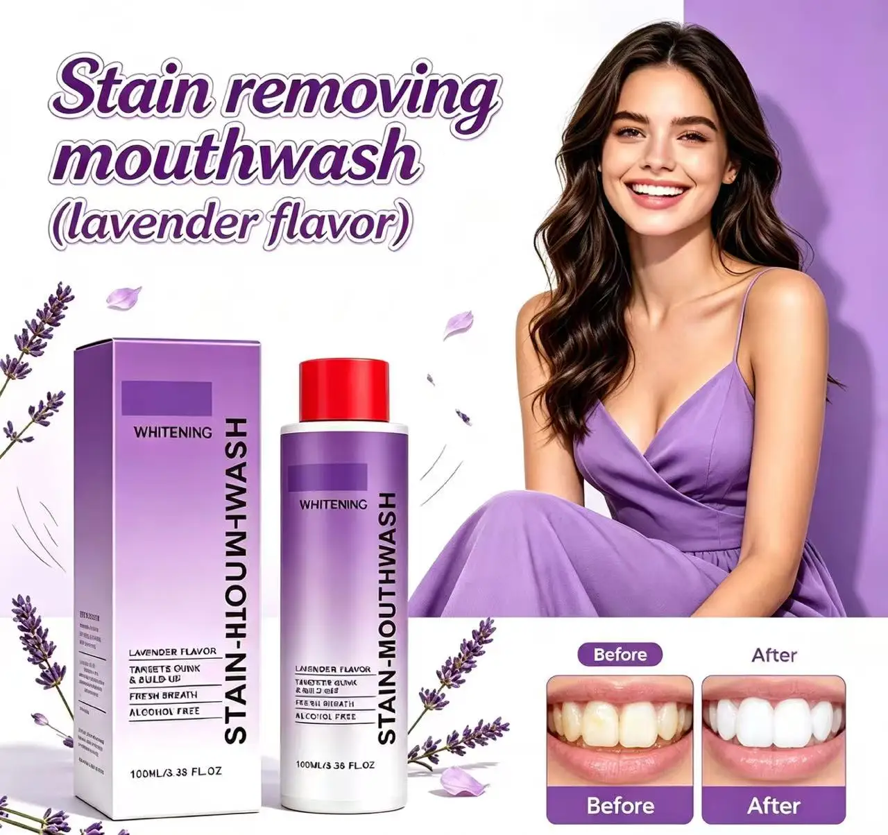 Stain Removing Mouthwash Lavender Flavor Alcohol Free Help Reduce Surface Stains Refresh Breath Gentle Daily Oral Care