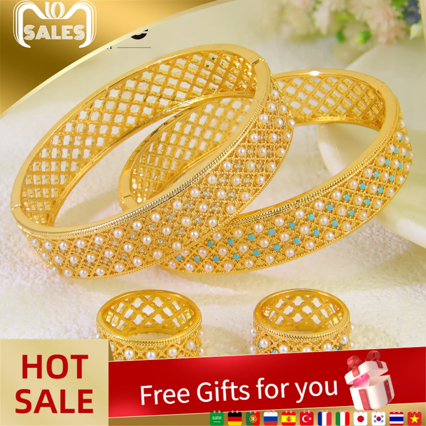 

Dubai Fashion Jewelry Set 21k Gold Plated Italian Premium Pearls Open Bracelet Ring Ethiopia Women Bridal Wedding Party Jewelrys