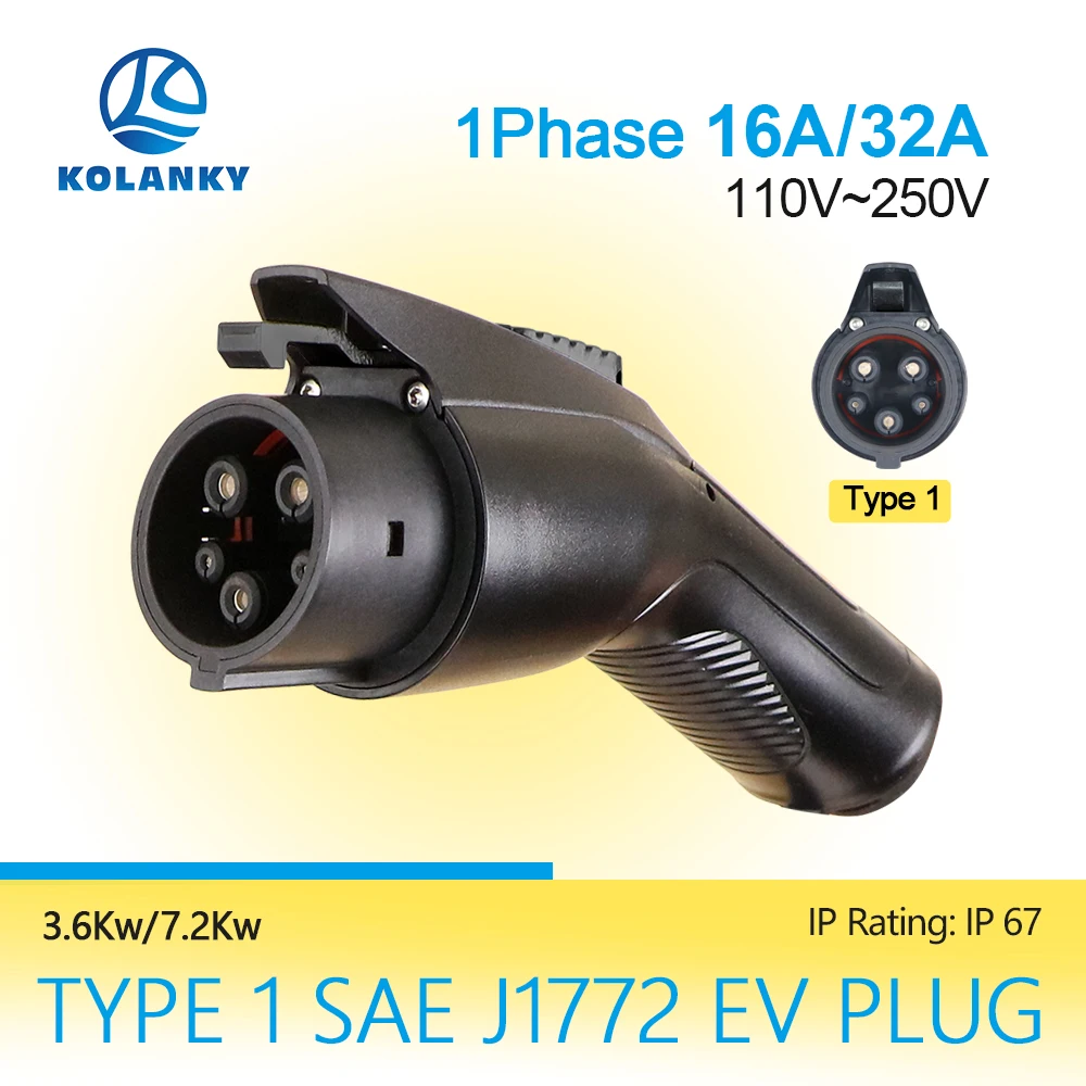 Kolanky EV Charger Plug Adaptor 16/32A 3.6/7.2KW Type 1 SAE J1772 Female Socket For EV Car And Charging Station Connector