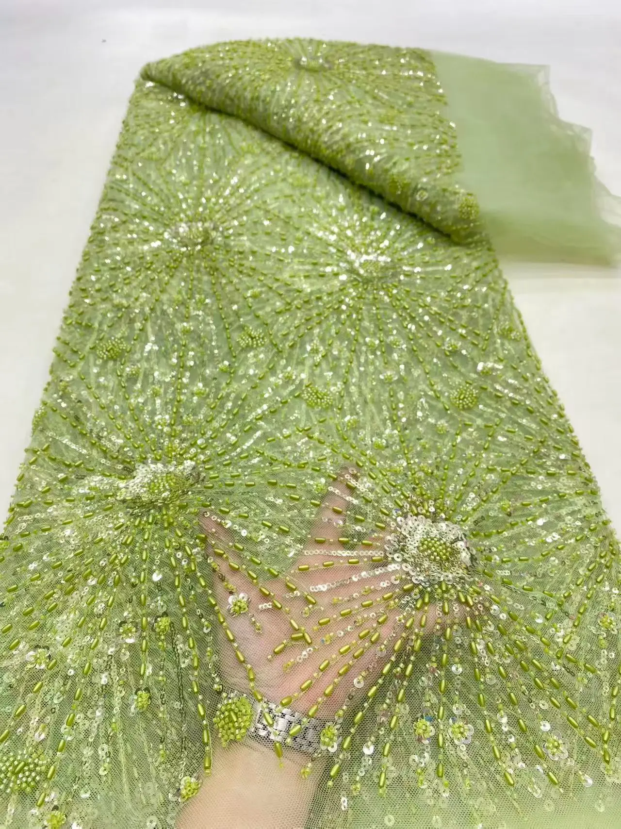 

Latest Green Handmade Beads Sequins French Lace Fabric For Party 2025 Beaded African Lace Fabric For Evening Dress Sew KDP25153