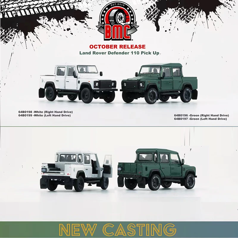 

BM 1:64 Model Car Land R 2016 Defender 110 Pick Up Open Doors Alloy Die-Cast - Green & White- LHD