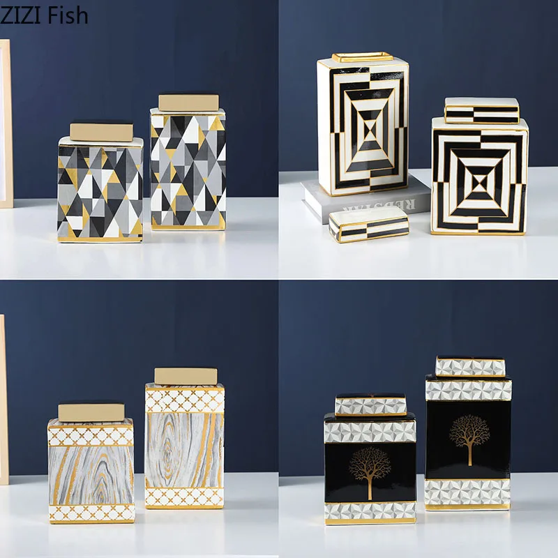 Multi-style Rectangle Ceramic Jars with Lid Creativity Flowers Vase Flower Arrangement Storage Jar Home Cosmetic Containers