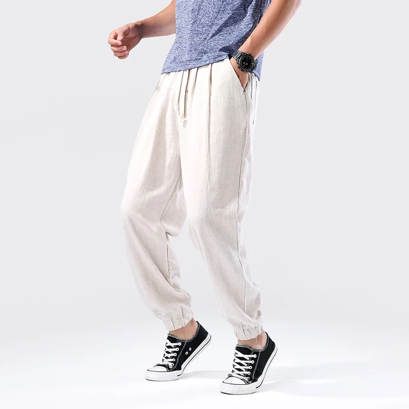 2022 Summer Thin Casual Linen Pants Chinese Style Loose Plus Size Sports Ninth Pants Men Clothing Oversize Sweatpants Joggers