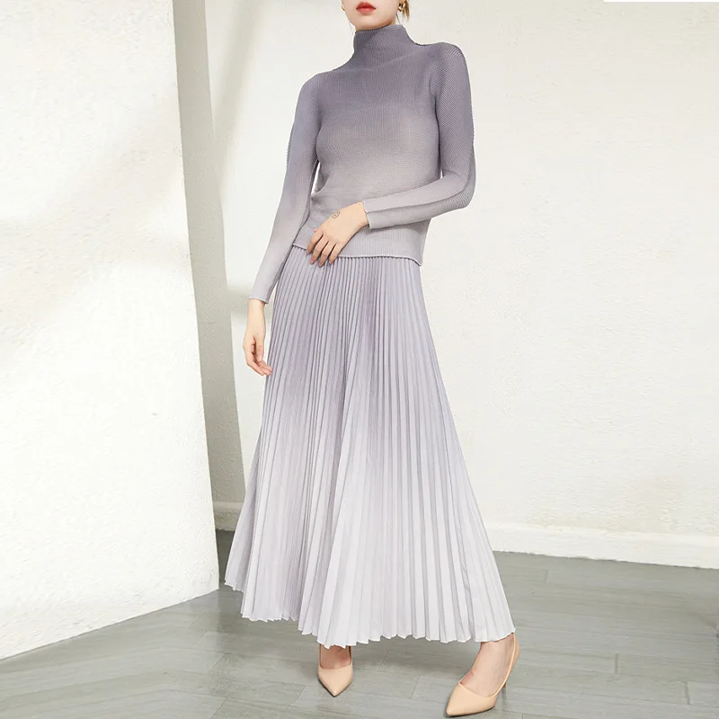 Miyake Pleated Suit for Women 2023 Autumn New Model Fashion Printing Long Sleeve High Neck Top + High Waist Skirt Two-Piece Set