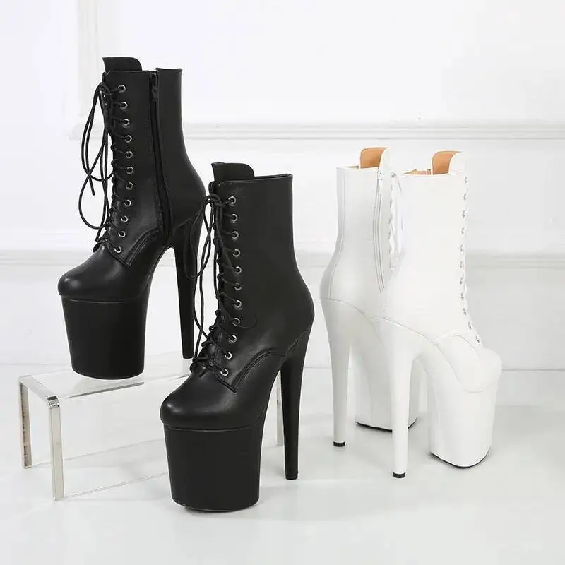 20CM Black and White Matte Pole Dance Shoes Catwalk Super High Heels Lace up high heeled pu boots