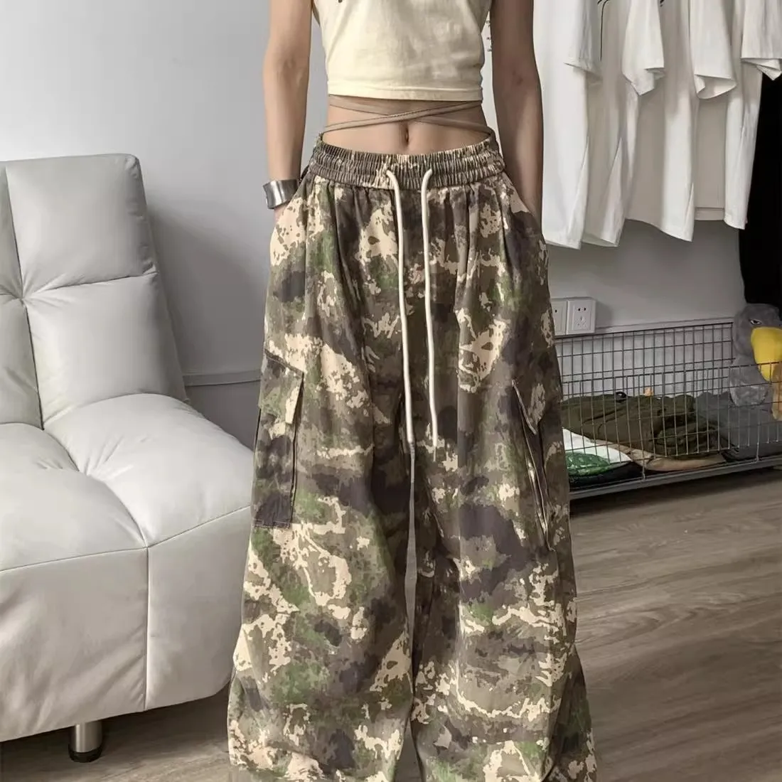 

Свободные камуфляжные рабочие брюки с высокой талией, повседневные брюки для молодых мужчин, дышащая полиэфирная ткань, уличные джинсы