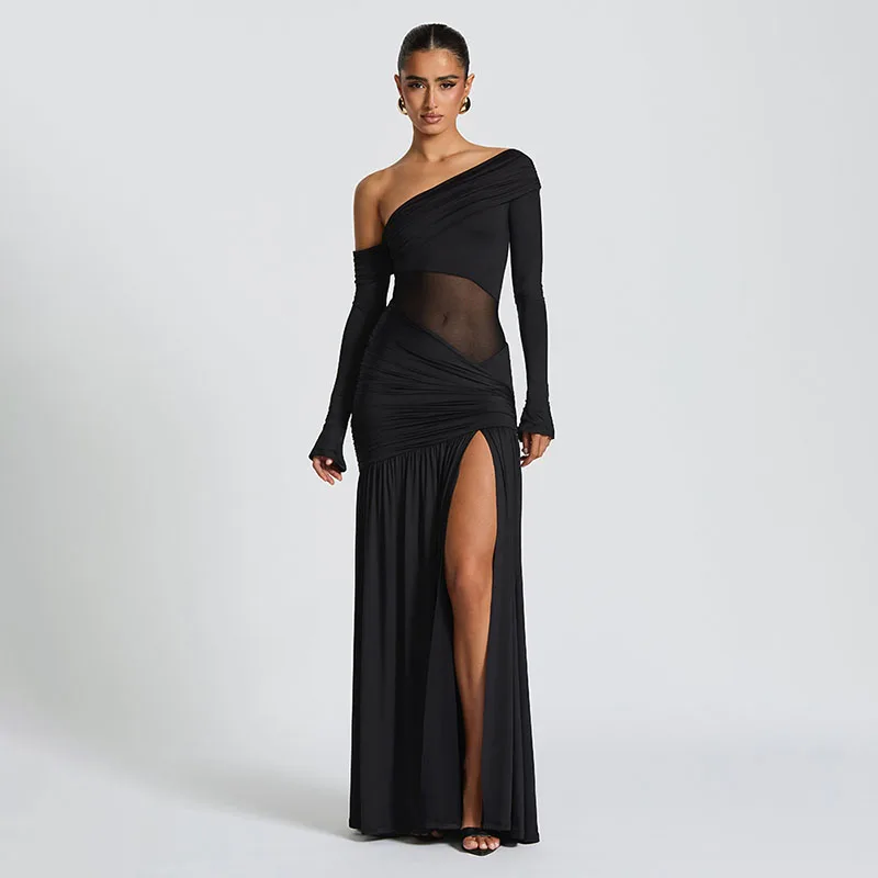 ZHIO Neues Kleid mit schrägem Kragen und langen Ärmeln, sexy schulterfreies Maxikleid mit seitlichem Schlitz, elegantes rückenfreies enges langes Clubkleid für Damen – Detail 10