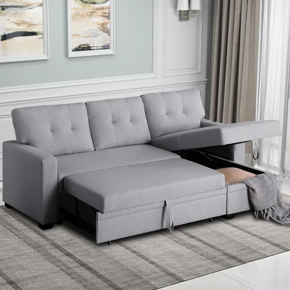 L-Vormige Chaise Bank Met Opslag En Uittrekbare Bed Multifunctionele Comfortabele Sectionele Slaapbank Voor Woonkamer, Appartement,