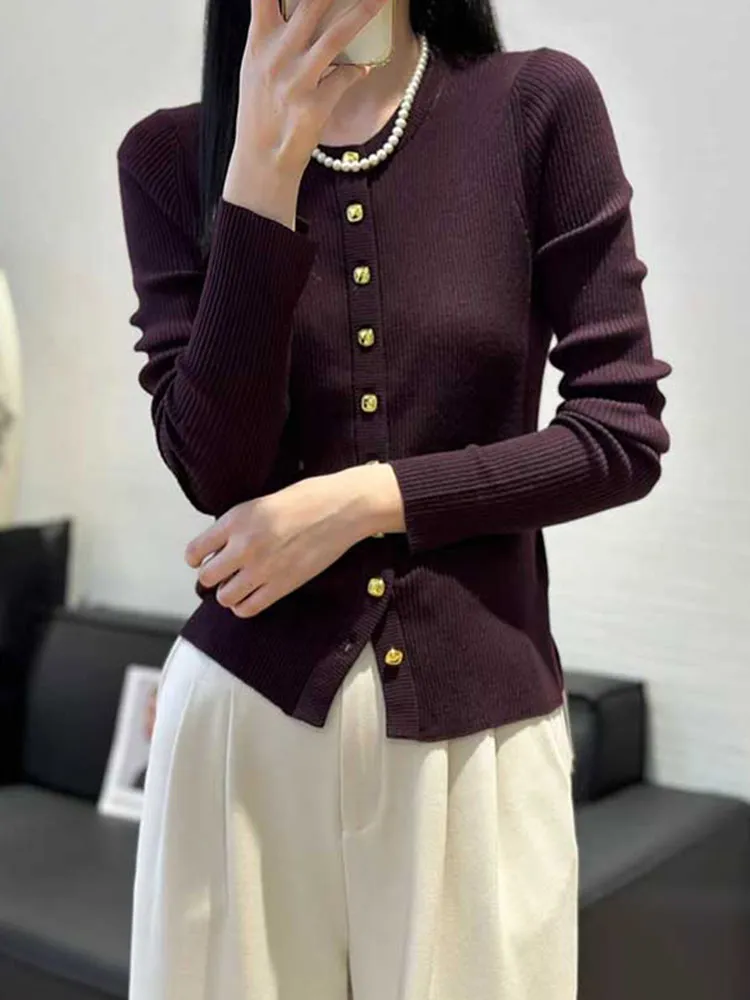 

Круглый вязаный открытый кардиган Slim Fit Long Sve Color Повседневный шикарный дизайн с золотыми пуговицами High End Feel Commute Sle