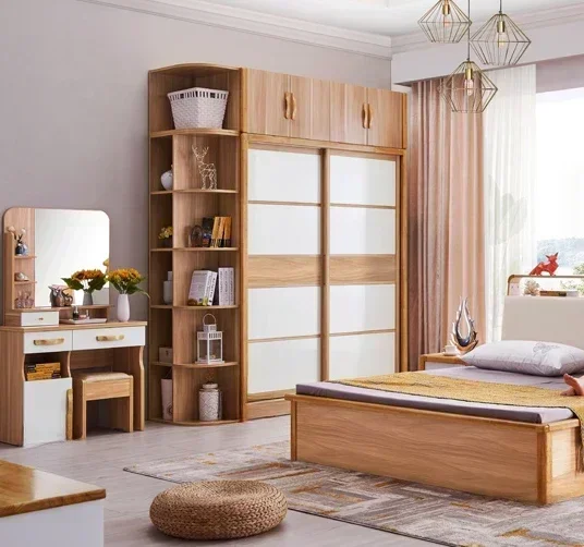 Long - lasting Nordic bedroom solid wood wardrobe, modern and minimalist, economical household sliding door wardrobe Superior
