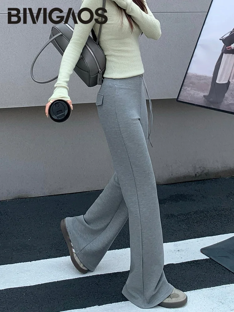BIVIGAOS New Gray Micro Flared Pants Women High Waist American Sweatpants Air Layer Modal Spring Autumn Drawstring Sport Pants