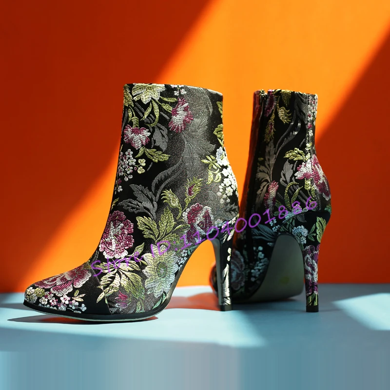 

Autumn Winter New Luxury High Hee Short Boots Ethnic Style Sexy Silk Embroidery Pointy Toe Ankle Boots Party Banquet Dress Shoes