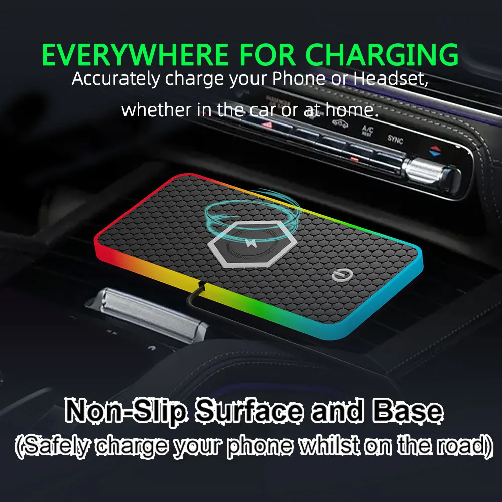 15w Car Charging Pad Led Rgb Car Wireless Charging Board With Anti Slip Silicone Pad Multi Device Charging Qi Fast Charging