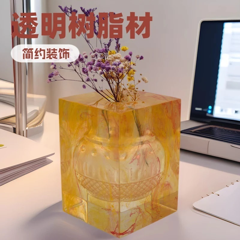 Platinum art vase transparent light luxury ornament transparent resin process high value flower ware imitation crystal artwork