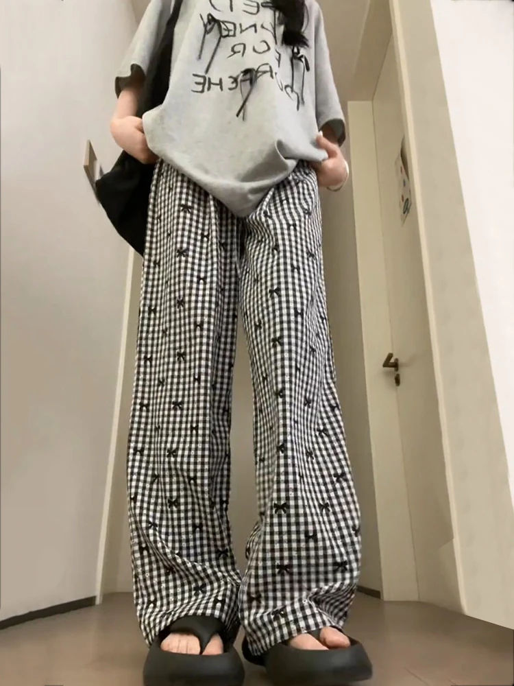 

Streetwear Plaid Bow Print Femme Vintage Wide Leg Pants Women Y2k Aesthetic Drawstring Trousers Harajuku Loose Summer Bottoms