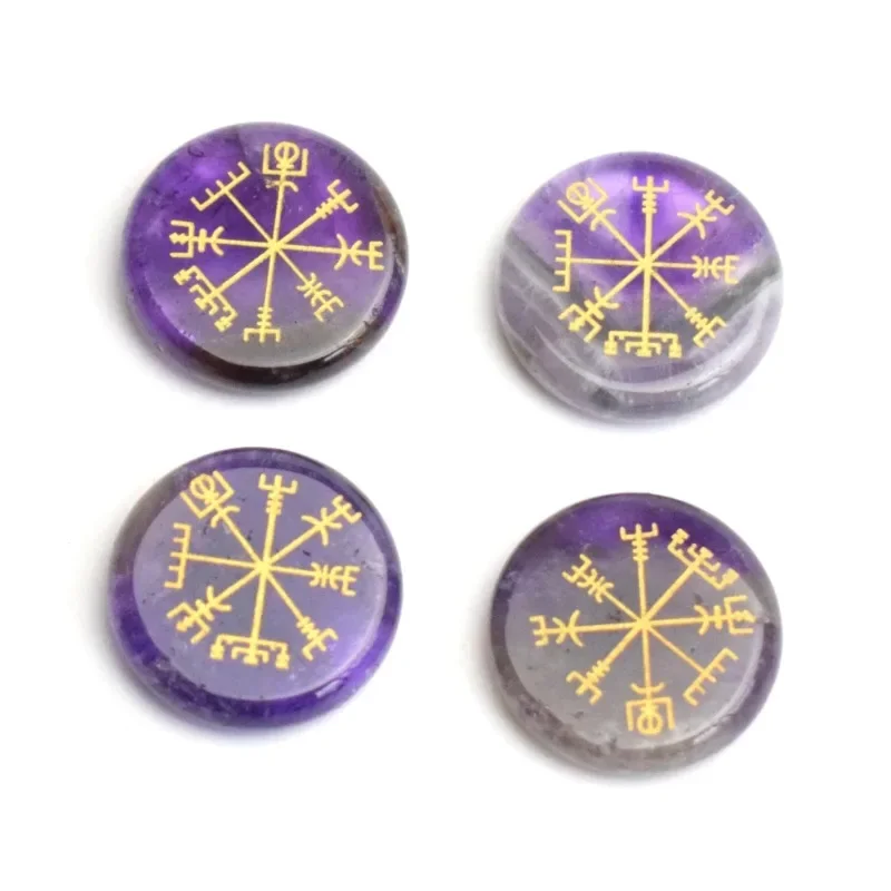 Small Size Round Viking Rune Vegvisir Symbols Natural Chakra Semi-precious Stone Home Decoration Lapis Quartz Amethyst Decor