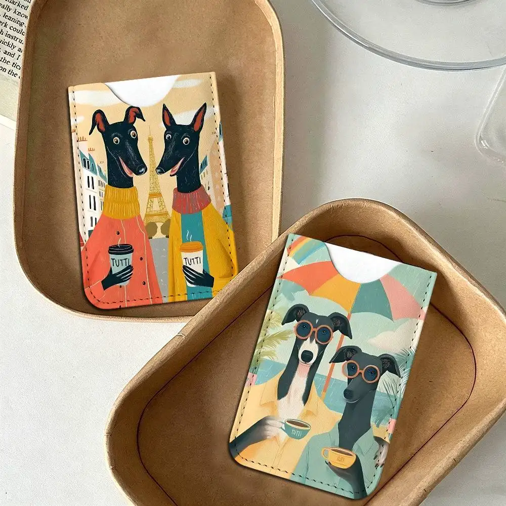 Modern Whimsical Animal Greyhound Print Creative Printed with Leather Protective Case Portable Pattern Leather Credit Bags
