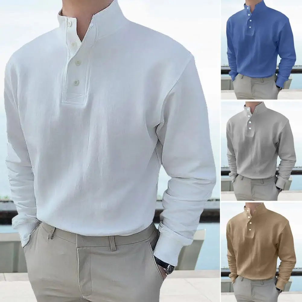 

Men Shirt Men's Stand Collar Pullover Shirt with Buttoned Half-open Design for Wear Office Solid Color Long Sleeves Top Loose