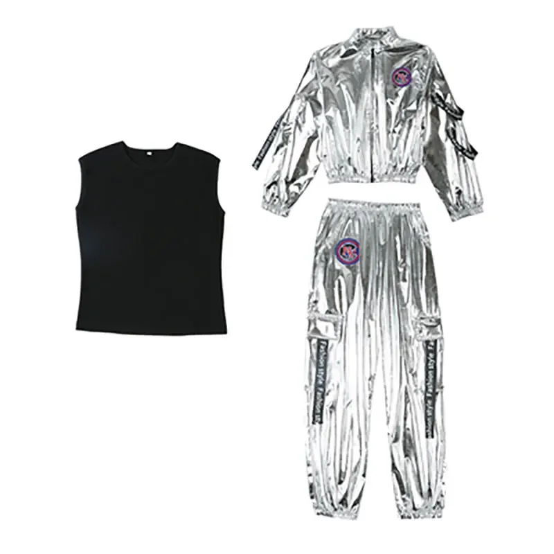 Hip-hop Astronaut Space Suit para meninos e meninas, roupas de bateria, trajes de dança jazz prateados, menina Rave, traje de palco infantil