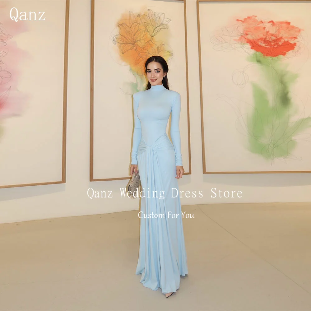 

Qanz Modest Sky Blue Evening Dresses Long Sleeves Mermaid Vestidos De Fiesta Elegantes Hign Neck Special Occasion Customized