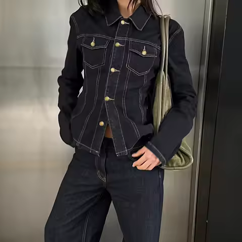 Women Y2K Denim Tops Long Sleeve Turn Down Collar Solid Color Button Down Jacket with Pockets for Casual Daily Streetwear