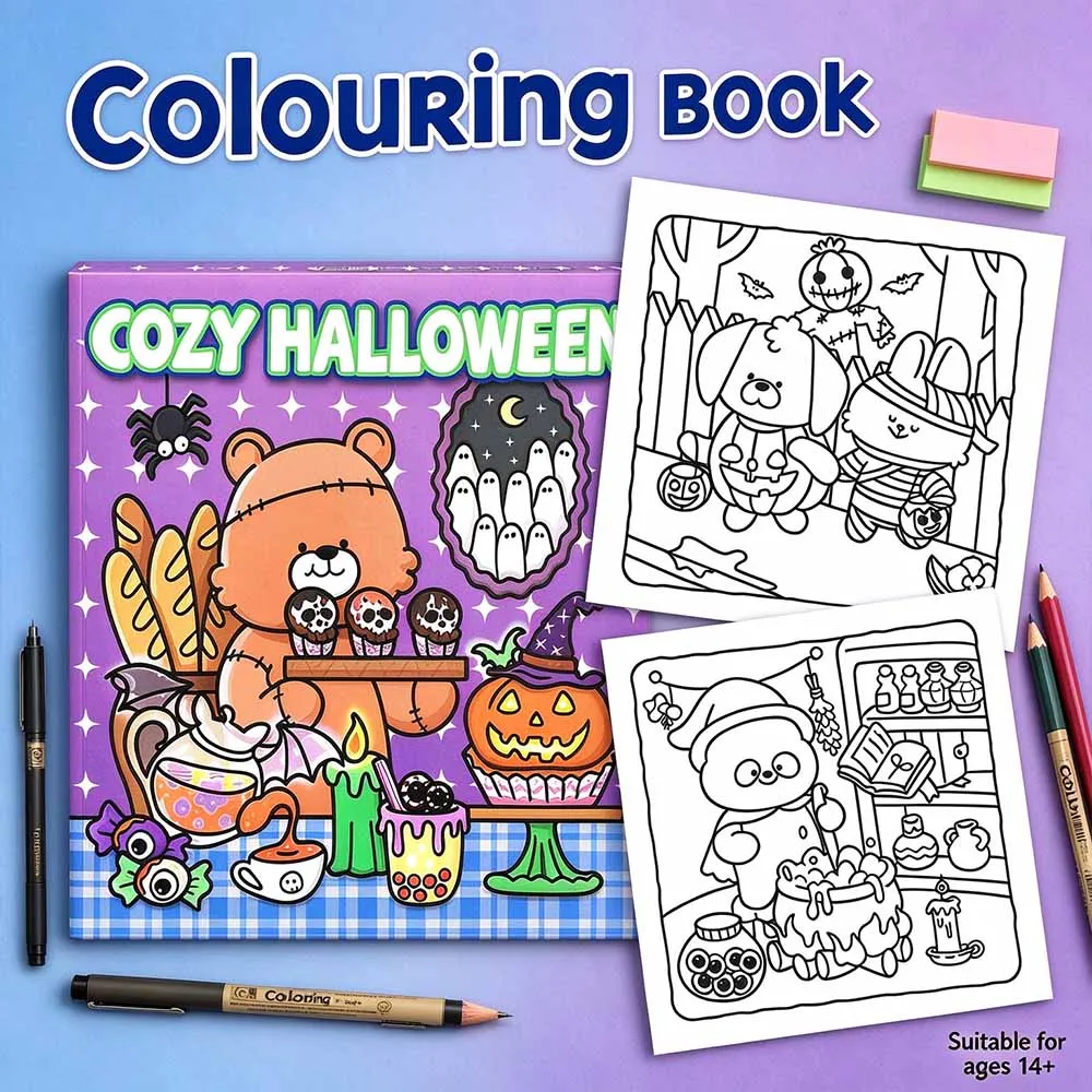 Cozy Halloween Coloring Book for Adults Teens, Cute Spooky Pumpkin Ghost Bear Art, Stress Relief Relaxing Pages, 21x21cm