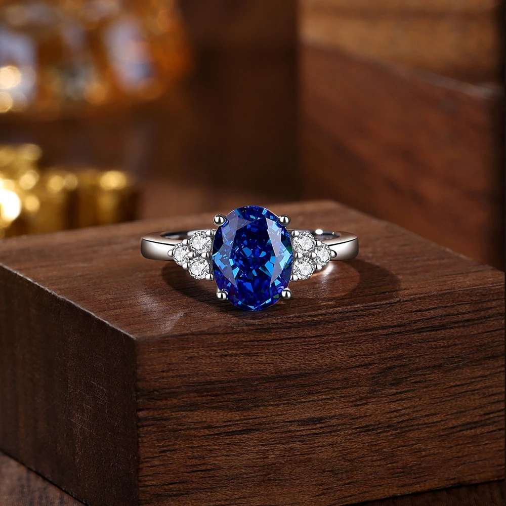 خاتم الخطوبة من الفضة الإسترليني S925 للنساء |   7 × 9 ملم بيضاوي من الياقوت الزمردي عالي الكربون الماسي |   هدية مجوهرات رائعة