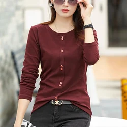 Korean version pure cotton long sleeved t-shirt women's autumn new fashion plus size light luxury round neck casual slim fit top