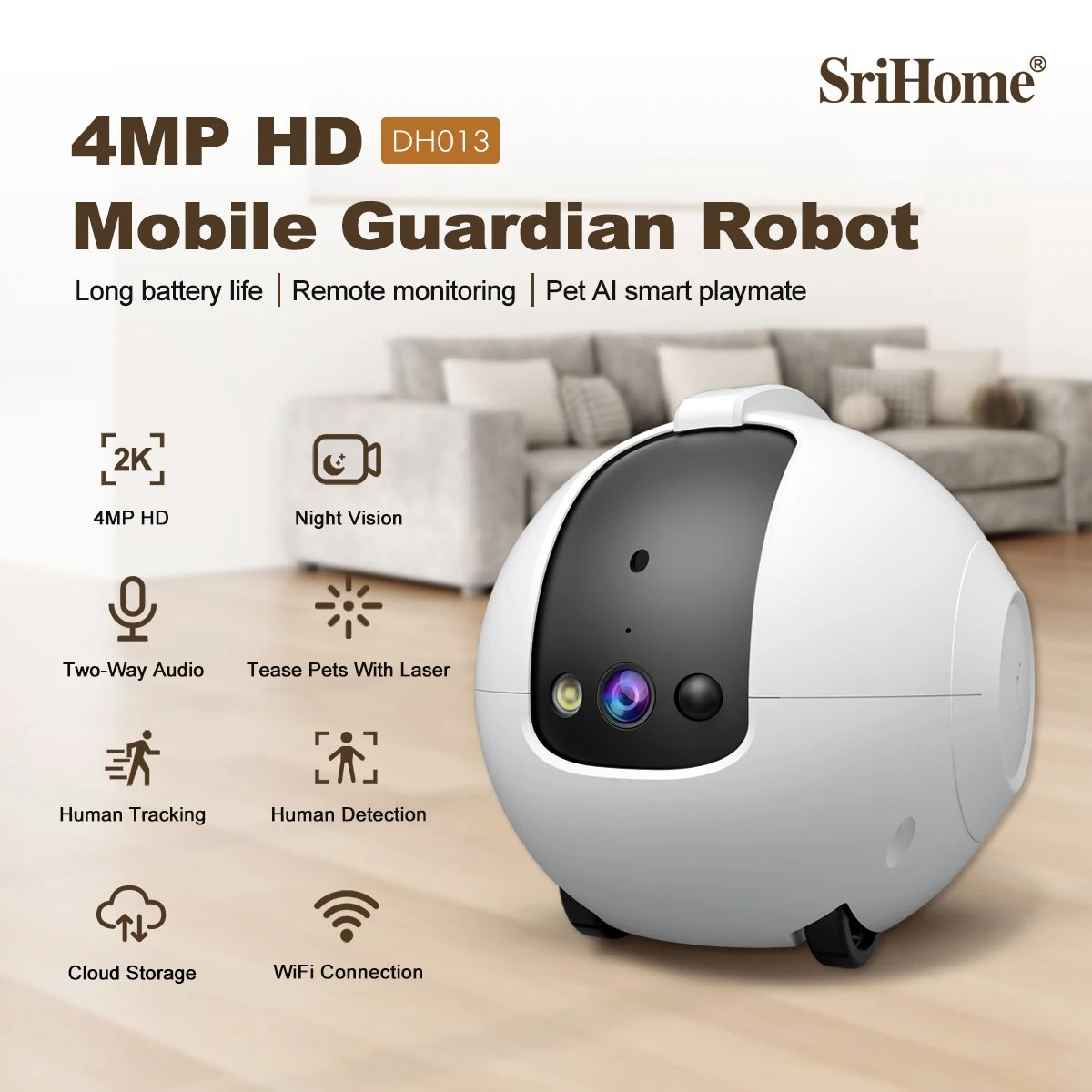 New Design AI Security Robot  4MP WiFi Home Camera with Cloud Storage, Pet Smart Playmate & Auto Cruise