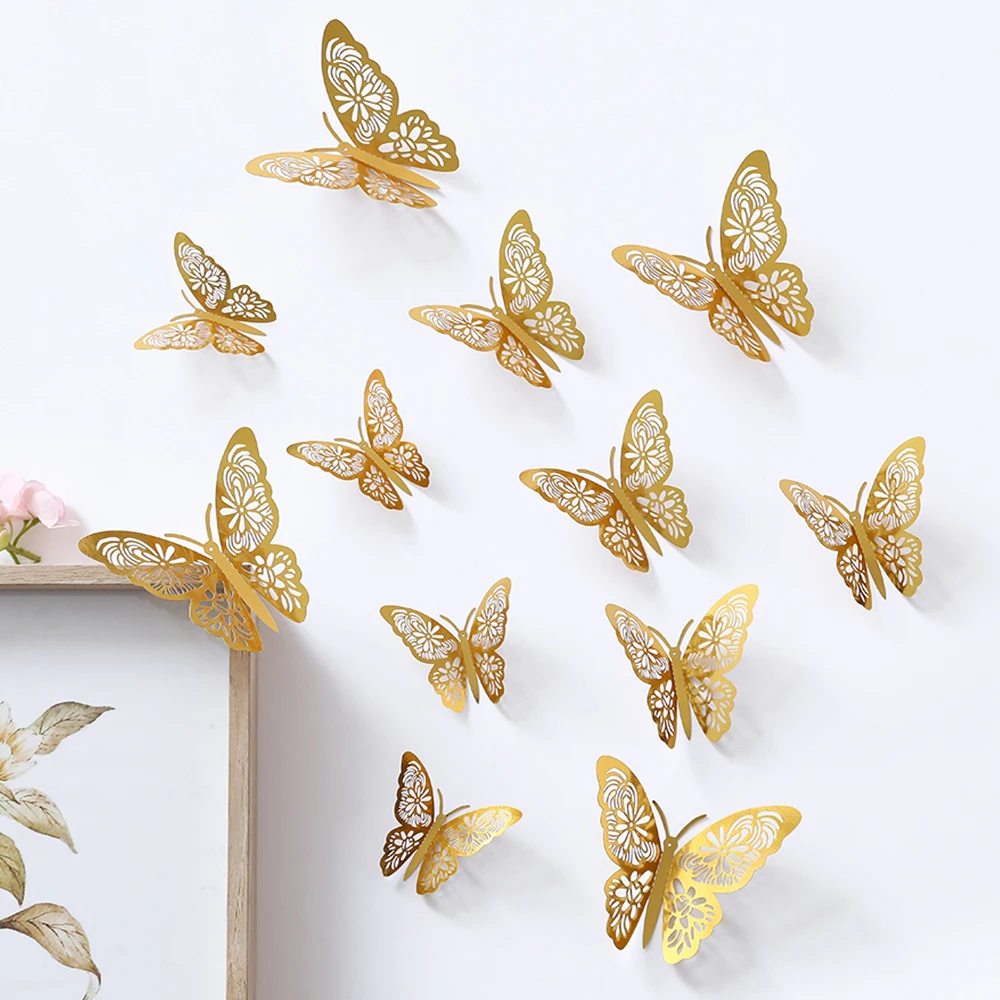 

12/24/36Pcs 3D Hollow Butterfly Wall Sticker Gold Silver Rose Wedding Decoration Bed Room Home Decor Butterflies Decal Stickers