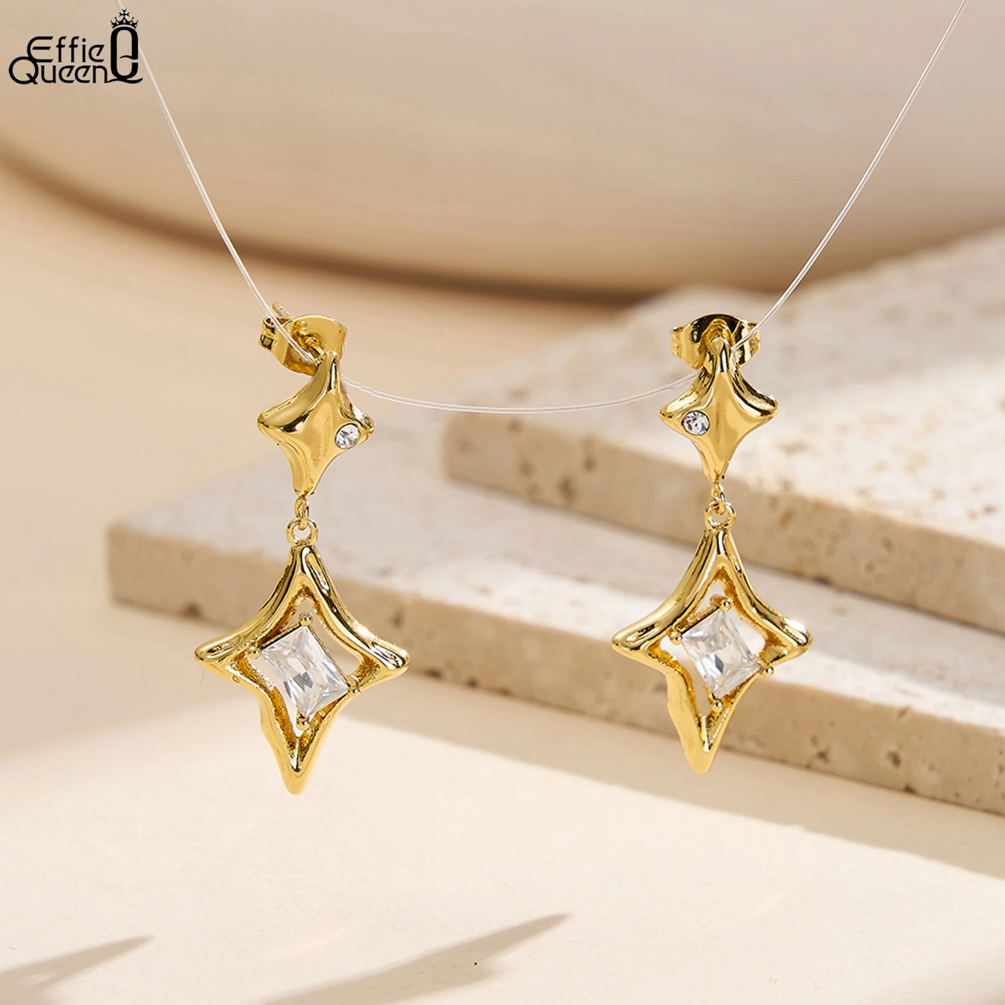 

Effie Queen Stainless Steel 18k Gold Star Zirconia Drop Earrings Simple Jewelry for Women Birthdays Party Banquet Gift STKE29