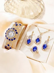 A Retro Luxury Fashion Versatile Women's Rhinestone Diamond Inlaid Alloy Bracelet Watch+Jewelry Three Piece Setece Set