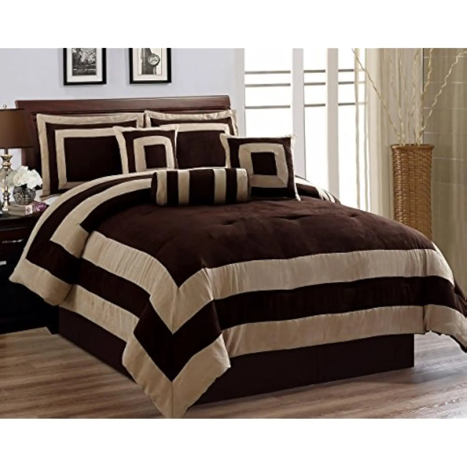 

Oversize Chocolate/Brown Comforter Set Micro Suede Square Patchwork Bed in A Bag (California) Cal King Size Bedding