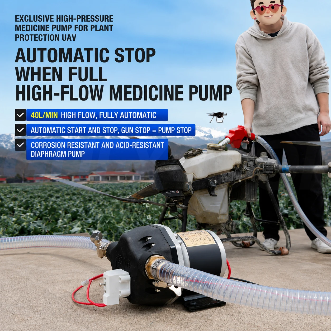 12V/24V/48V High Flow Water Pump Automatic Start Stop Corrosion-resistant Acid-base Self-priming Diaphragm Pump Water Pump