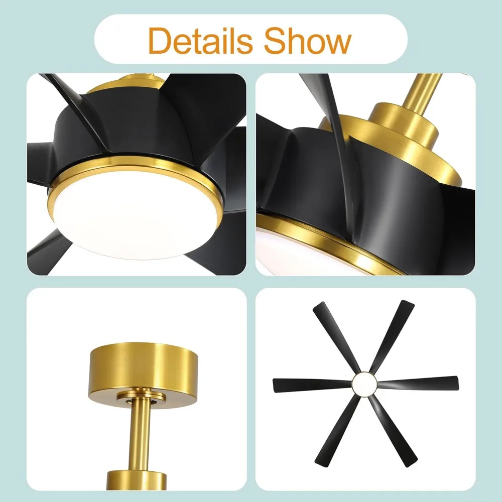 مراوح سقف مع أضواء وجهاز تحكم عن بعد، مروحة سقف باللونين الأسود والذهبي مقاس 65 بوصة مع 6 شفرات، محرك تيار مستمر قابل للعكس، 3 ألوان لدرجة حرارة، #6