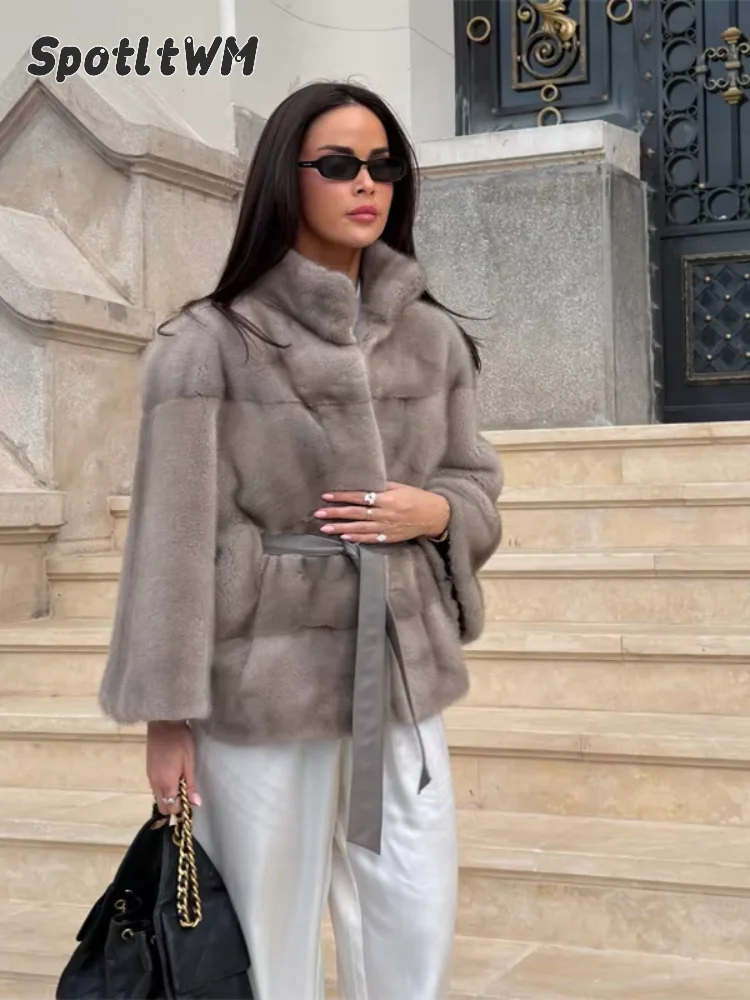 Light Gray Soft Faux Mink Fur Stand Collar Belted Women Jackets Chic Elegant Warm Coat 2026 Winter Daily Office Street Outerwear