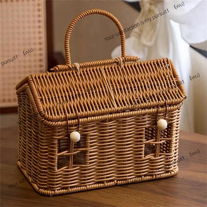 for Imitation Rattan House Shaped Basket with Lid, Decorative Hand Woven Shelf Organizer with Folding Handle