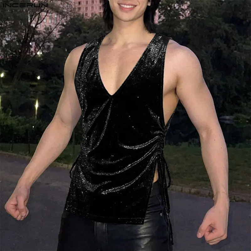 INCERUN Men Tank Tops Solid Shiny V Neck Sleeveless Male Vests Streetwear 2026 Drawstring Fashion Party Men Clothing Sparkling