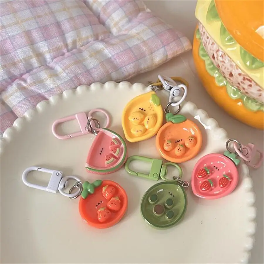 1/6pcs Ins Cute Cartoon Fruit Plates Keychains Simulated Strawberry Watermelon Orange Pendants Keyring Girlish Best Friend Gifts