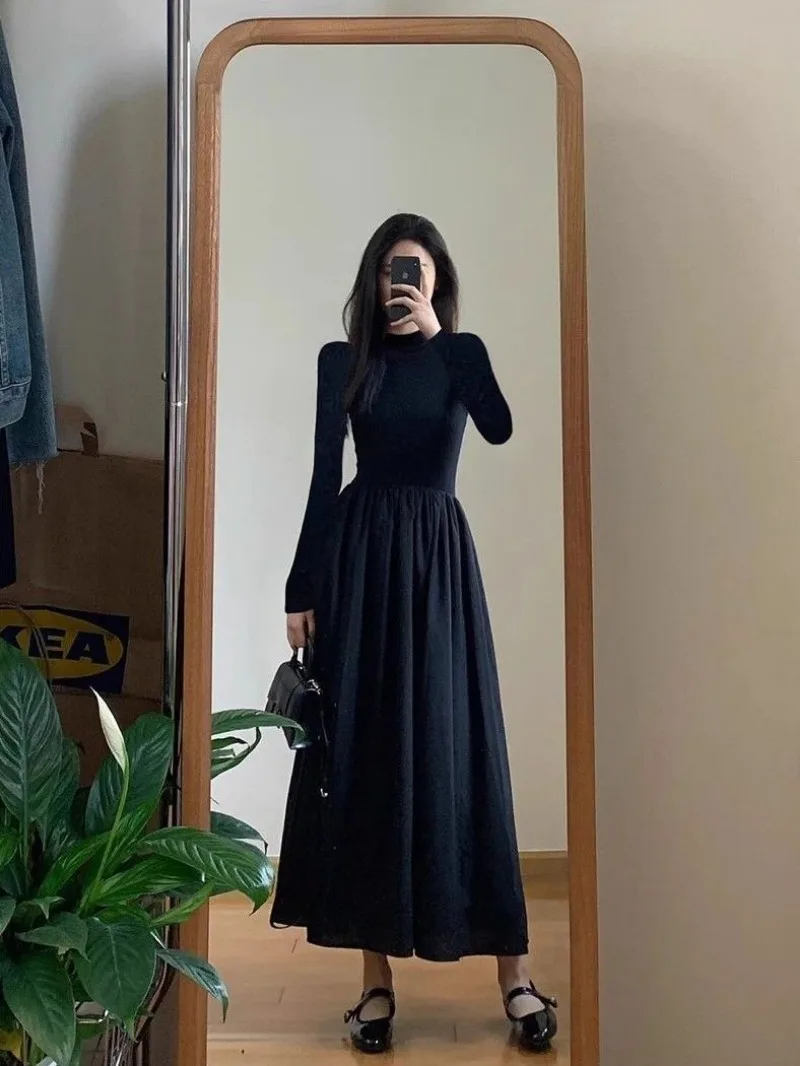 Black Base Inner Dress, High Neck Long Sleeve A-word Skirt, Solid Color Long Sleeve Splicing Medium and Long Dress