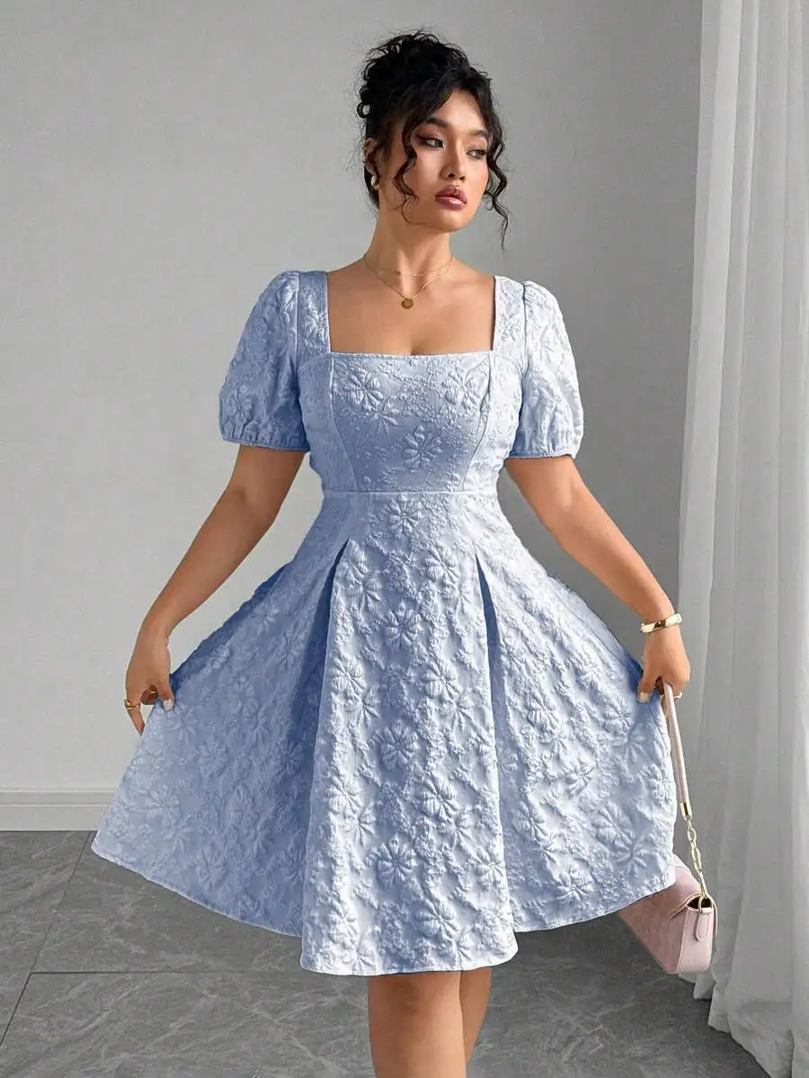 

Elegant Floral Jacquard Puff Sleeve Square Neck Midi Dress For Women