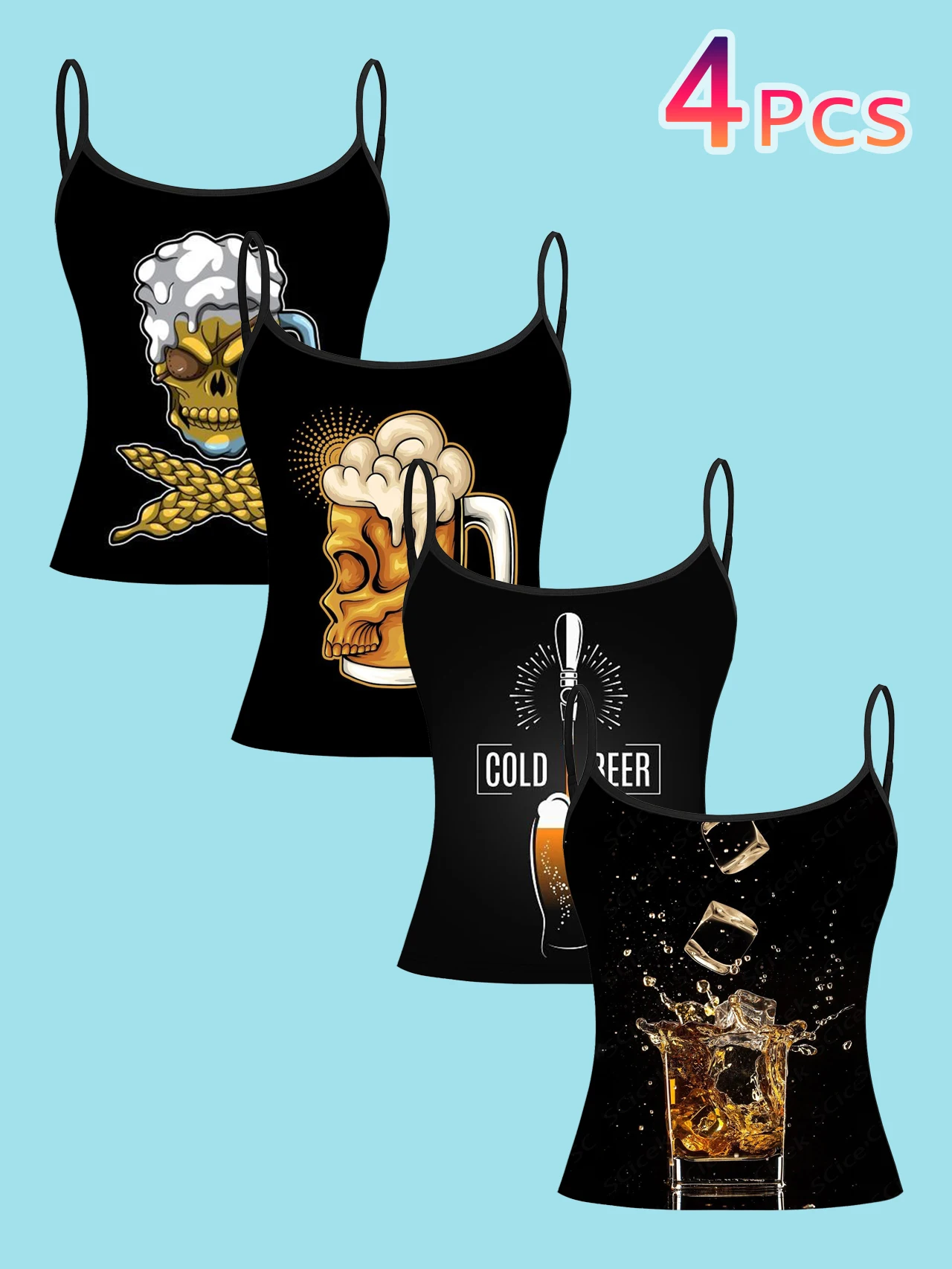 4-Piece Set of Dark Skull Beer-Themed Women's Camisoles, Featuring Skull, Beer Glass, Ice Cubes, and Drink Splash Prints, Slim-Fit Spaghetti Strap Short Camisole Tops