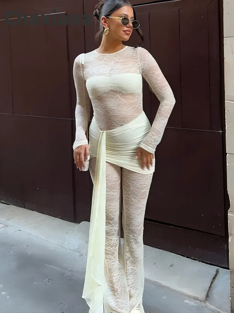 

Chaxiaoa модный комбинезон с лентой для женщин, сексуальный кружевной прозрачный тонкий комбинезон для девочек, женский уличный комбинезон, новинка осени и зимы