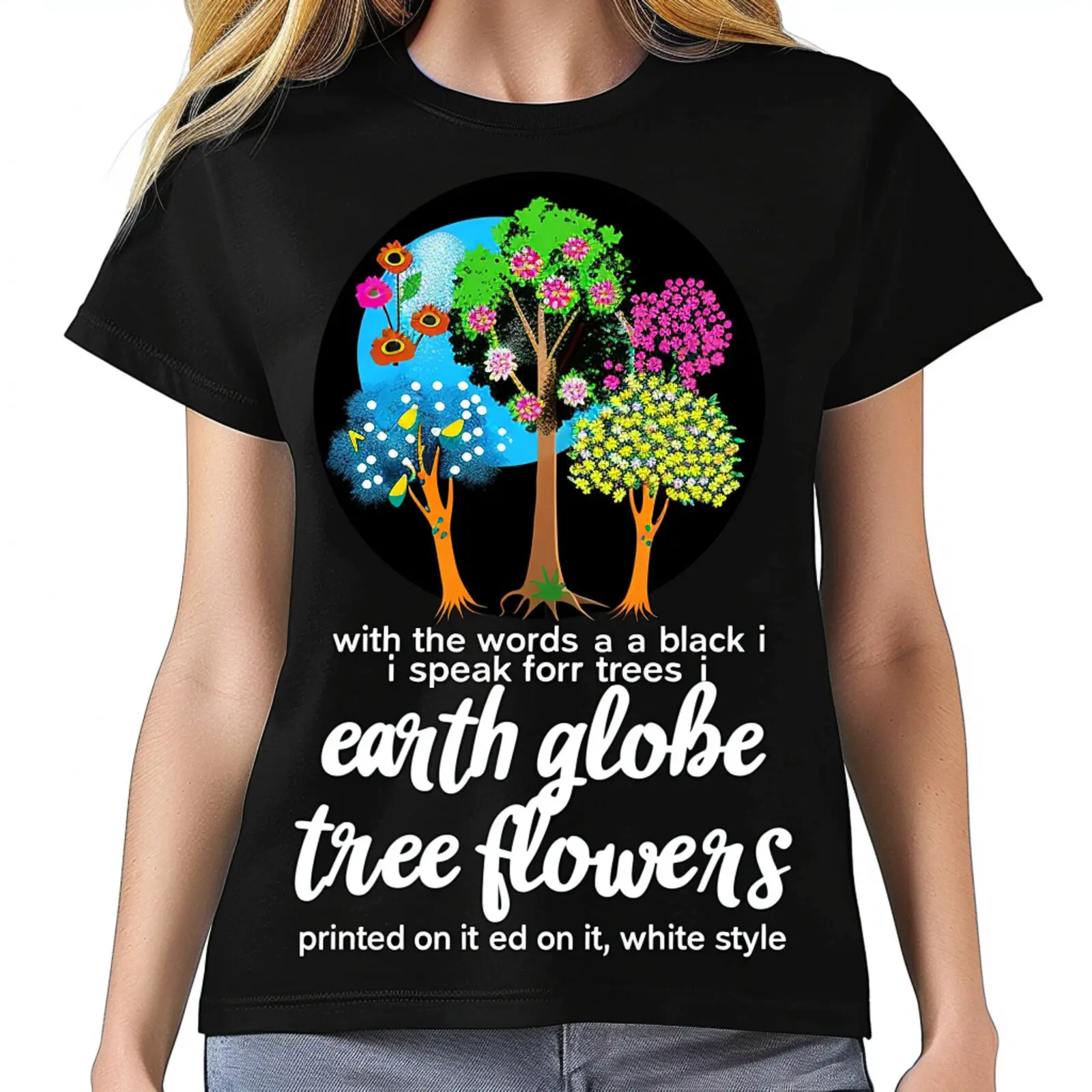 Earth Advocate Black TShirt with Colorful Tree Flowers Globe Design EcoFriendly